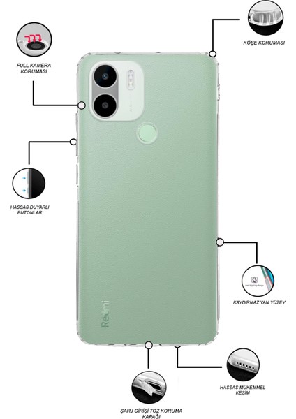 Caseworld Xiaomi Redmi A1 Plus 4g ile Uyumlu Kapak Kamera Korumalı Tıpalı Şeffaf Silikon Kılıf