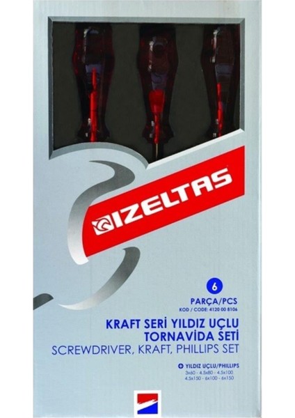 Izeltas 4120 00 8106 Kraft Seri Yıldız Uçlu Tornavida Seti (6 Parça) Izeltas 4120 00