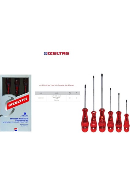 Izeltas 4120 00 8106 Kraft Seri Yıldız Uçlu Tornavida Seti (6 Parça) Izeltas 4120 00