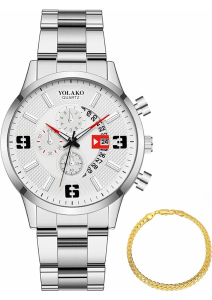 Fashionmalls Erkek Saat Ve Bileklik Seti - Gümüş (Yurt Dışından)