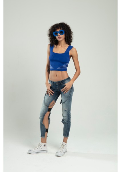 Sax Renkli Kadın Kare Yaka Askılı Yanları Çizgili Spor Triko Crop Top Badi SFYZ1006