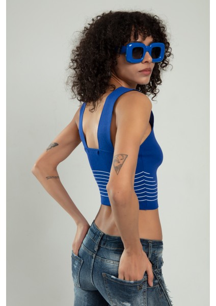 Sax Renkli Kadın Kare Yaka Askılı Yanları Çizgili Spor Triko Crop Top Badi SFYZ1006 fırsatları