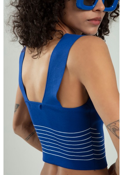 Sax Renkli Kadın Kare Yaka Askılı Yanları Çizgili Spor Triko Crop Top Badi SFYZ1006 indirimleri