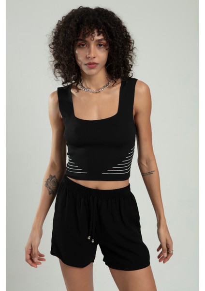 Siyah Renkli Kadın Kare Yaka Askılı Yanları Çizgili Spor Triko Crop Top Badi SFYZ1006