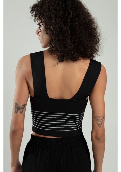 Siyah Renkli Kadın Kare Yaka Askılı Yanları Çizgili Spor Triko Crop Top Badi SFYZ1006 indirimleri