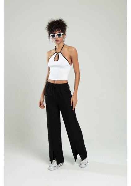Beyaz Renkli Kadın Boyundan Askılı Spor Triko Crop Top Badi SFYZ1007