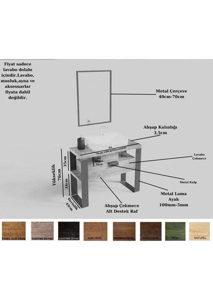 Mina Ayna Çerçeveli Masif Ahşap Lavabo Dolabı HILTON(110CM)