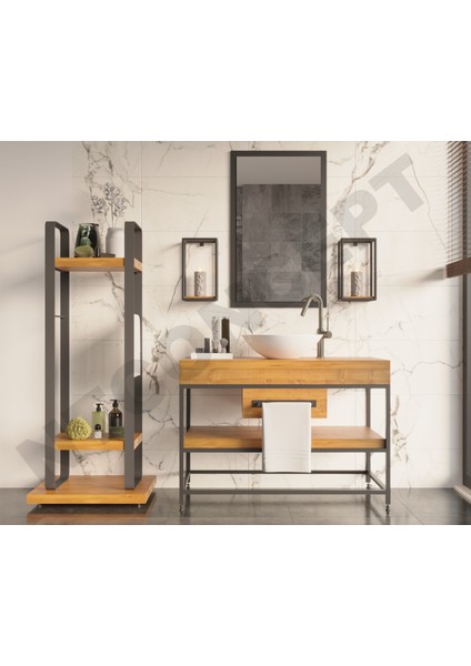 Liv Ayna Çerçeveli Masif Ahşap Lavabo Dolabı HILTON(90CM)
