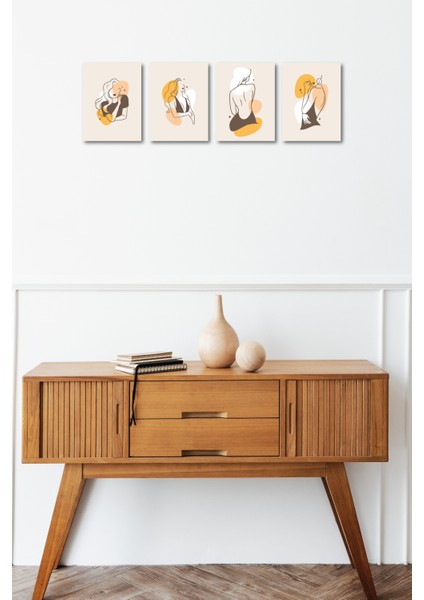 Minimalist Women Design 13,5X18 cm 4'lü Ahşap Tablo Seti