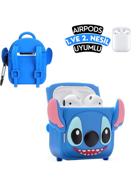 Airpods 1. ve 2. Nesil Uyumlu Stitch Çanta Figürlü Sevimli Darbe Emici Koruyucu Silikon Kulaklık Kılıfı