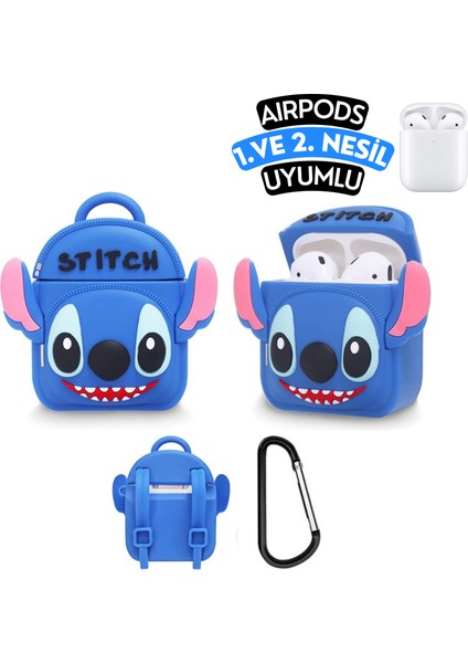 Airpods 1. ve 2. Nesil Uyumlu Stitch Çanta Figürlü Sevimli Darbe Emici Koruyucu Silikon Kulaklık Kılıfı