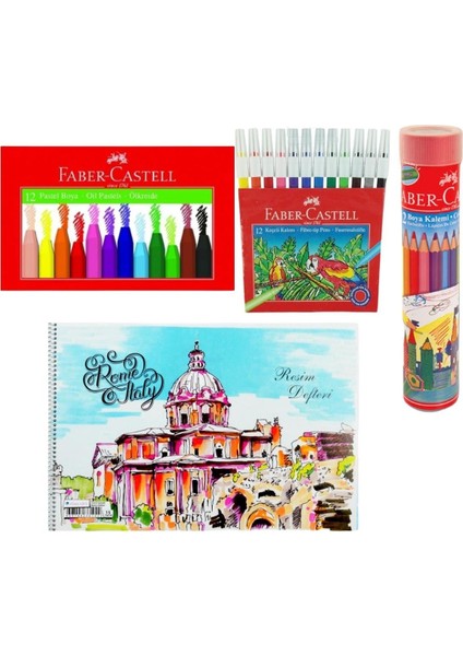 Faber Castell Pastel Boya Keçeli Boya Metal Tüp Kuru Boya 12 Li ve Resim Defteri