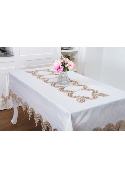 Elena Lüx Dantelli Simli Keten Kumaş Krem Masa Örtüsü 160X220 CM-1460