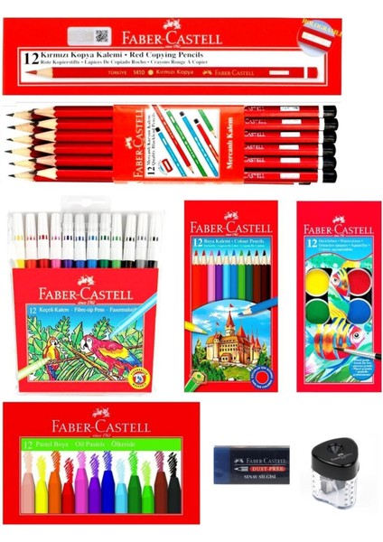 Faber Castell Faber-Castell Mercanlı Kurşun Kalem Kırmızı Kalem ve 12 Li Kuru Sulu Keçeli Pastel Boya