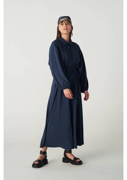 Lacivert Beli Büzgülü Elbise modelleri