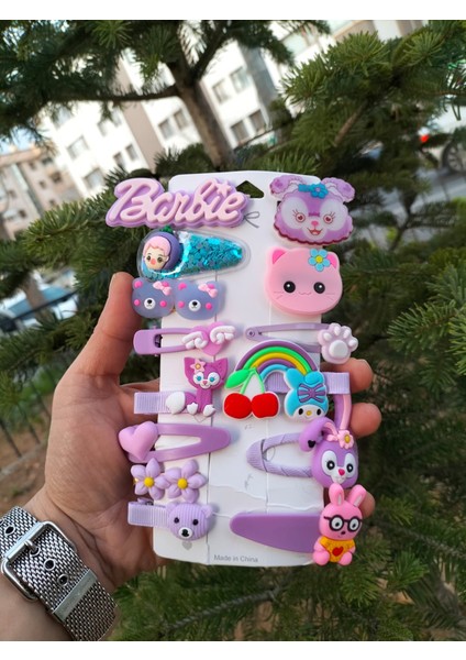 14'lü Set Rengarenk Barbie Figürlü Pens Çıtçıt Cocuk Bebek Sac Toka Seti
