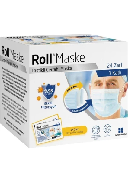 Maske Cerrahi 3 Katlı Lastikli Maske 120 Adet Roll 24