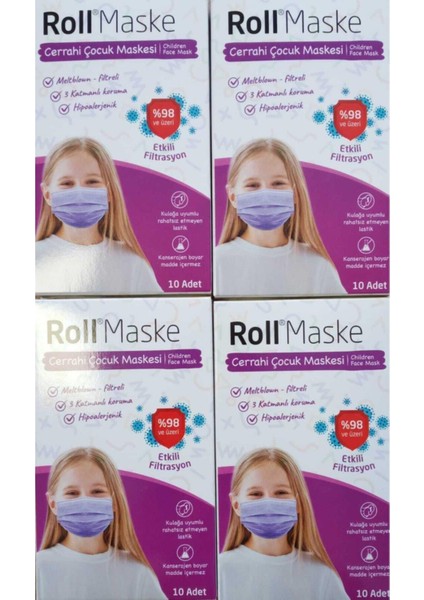 Maske Roll 3 Katlı Telli Cerrahi Maske Kız Çocuk 10 Lu 4 Adet Roll