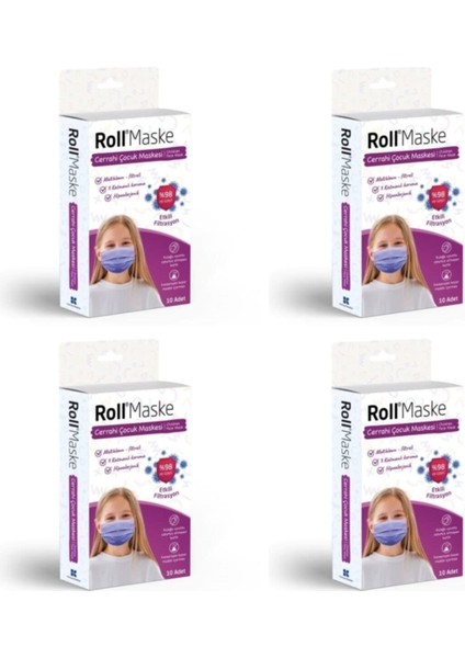 Maske Roll 3 Katlı Telli Cerrahi Maske Kız Çocuk 10 Lu 4 Adet Roll