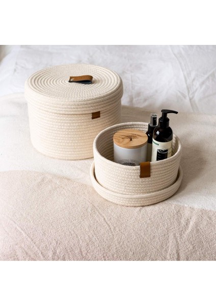 Rope Accessory Kapaklı Sepet, Organizer, Düzenleyici 2li Hasır Sepet Beyaz