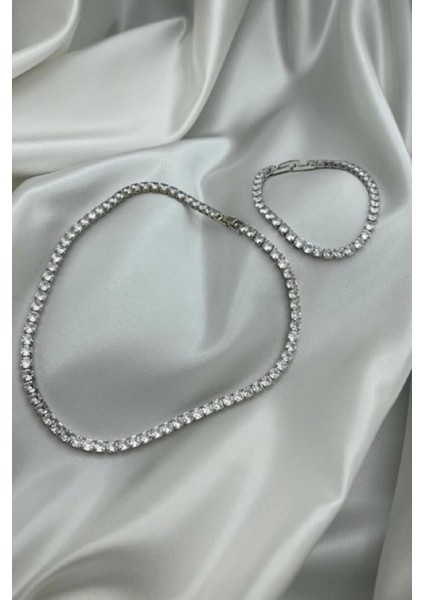 Kadın Zirkon Taşlı Paslanmaz Çelik Su Yolu Kolye + Bileklik Set