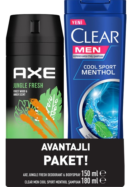 Erkek Sprey Deodorant Jungle Fresh 150 Ml + Clear Men Saç Bakım Şampuanı Cool Sport Menthol 180 Ml