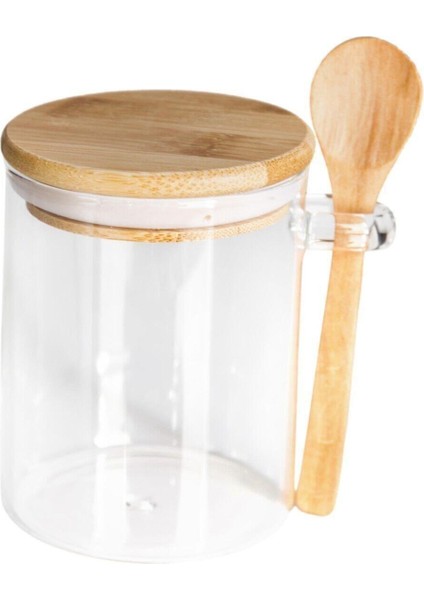 Favorim Home Borosilikat Cam Bambu Vakumlu Kapaklı Kaşıklı Yuvarlak Tuzluk