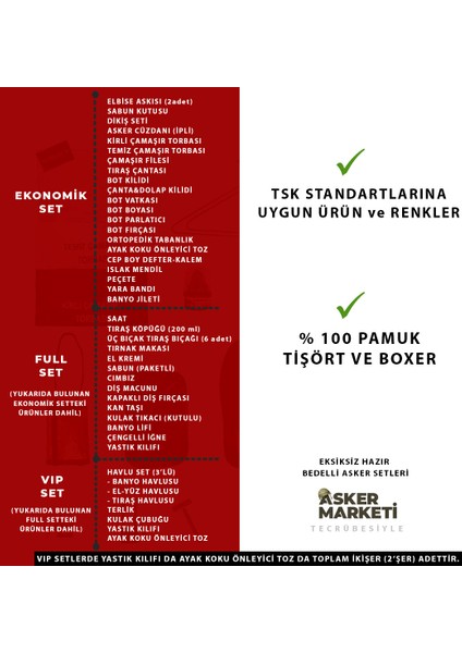 3'lü Full Havacı Bedelli Asker Seti - Bot Vatkası - Havacı Asker Tişörtü - 52 Parça Askeri Ürün