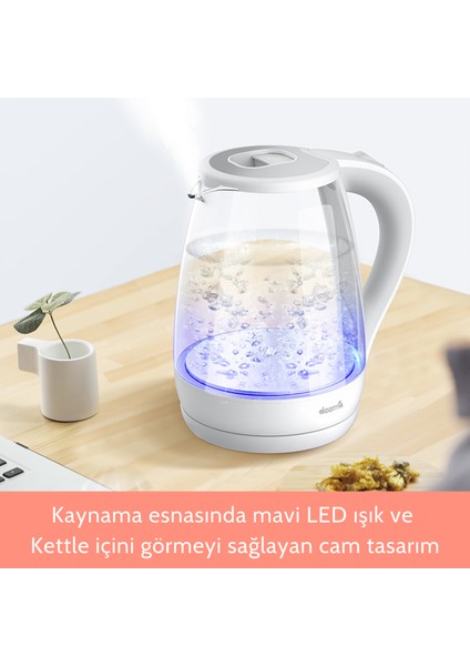 DEM-SH30W 1,7 Lt Mavi Işıklı Cam Kettle & Su Isıtıcı