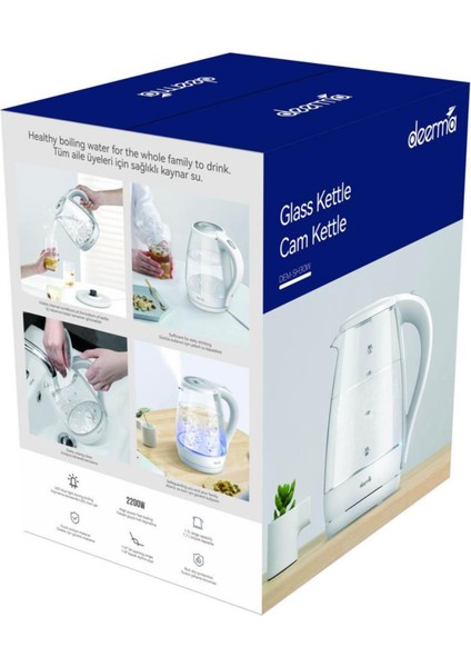 DEM-SH30W 1,7 Lt Mavi Işıklı Cam Kettle & Su Isıtıcı