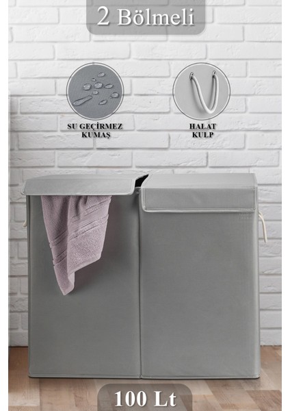 Iki Bölmeli Mega Boy Çamaşır Sepeti - Kulplu Katlanır Banyo Kirli Çamaşır sepeti 50 Lt + 50 Lt