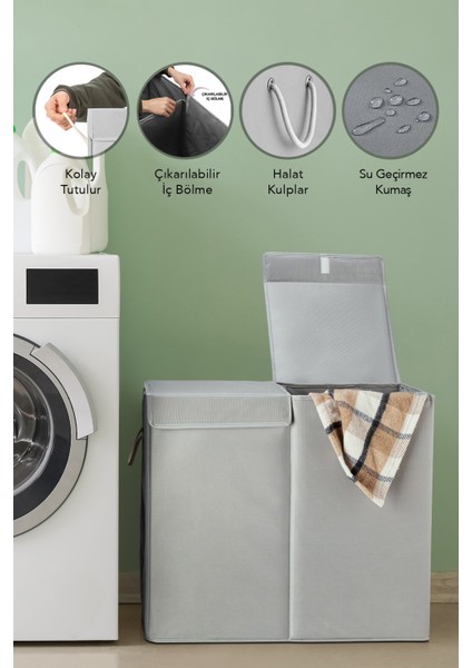 Iki Bölmeli Mega Boy Çamaşır Sepeti - Kulplu Katlanır Banyo Kirli Çamaşır sepeti 50 Lt + 50 Lt fiyatları