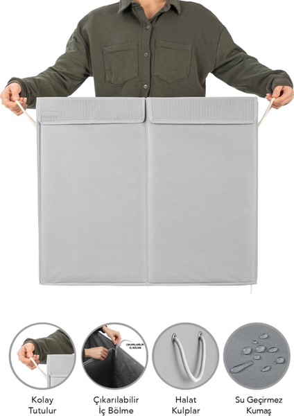 Iki Bölmeli Mega Boy Çamaşır Sepeti - Kulplu Katlanır Banyo Kirli Çamaşır sepeti 50 Lt + 50 Lt modelleri