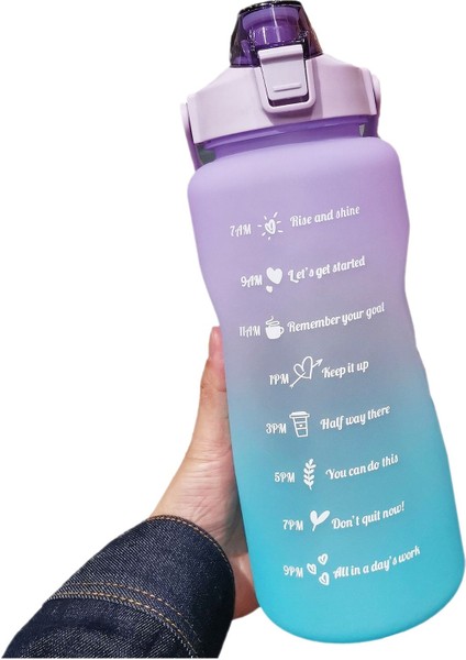 Motivasyon Yazılı ve Su Işaretli , Suluk, 2 Lt. Taşınabilir Su Şişesi Stickerli , Matara Mor-Mavi