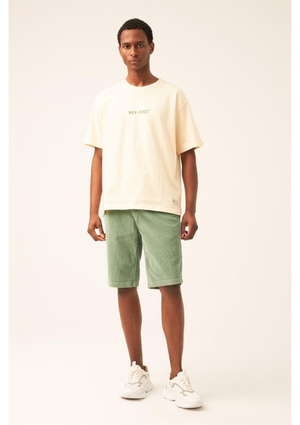 Unisex Bej Wild Heart Nakışlı Oversize Premium Penye Kısa Kol Tshirt