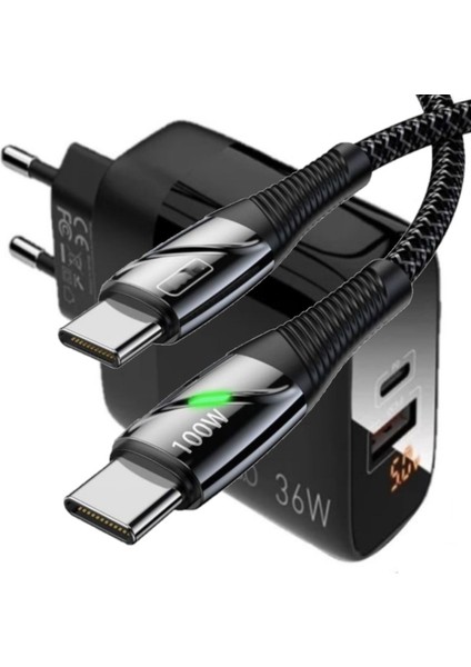 C7 (Type-C)+Micro Usb Girişli Şarj Adaptörü-36W + C5 Type-C To Type-C 5A/100W Şarj Kablosu -2mt