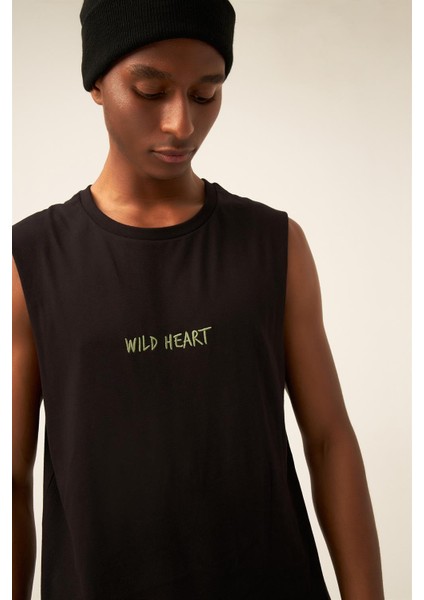 Unisex Siyah Wild Heart Nakışlı Arkası Bohem Baskılı Premium Penye Kolsuz Tshirt