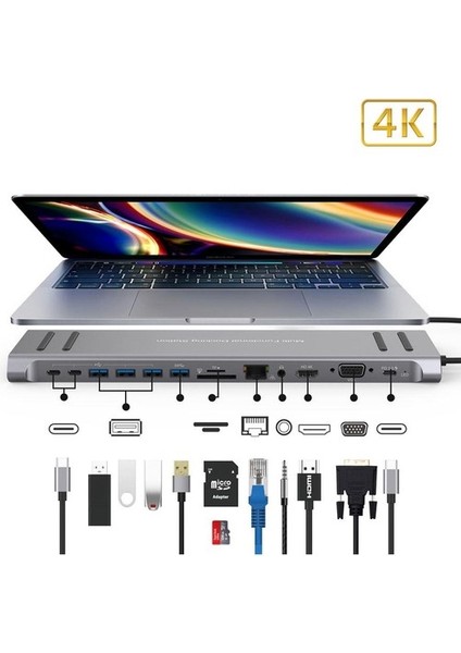 MST-14U 14IN1 Stand Özellikli Type-C Hub USB 3.0-SD/TF-RJ45-HDMI-VGA-USB-C 60W Dönüştürücü MST-14U