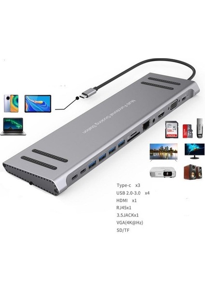 MST-14U 14IN1 Stand Özellikli Type-C Hub USB 3.0-SD/TF-RJ45-HDMI-VGA-USB-C 60W Dönüştürücü MST-14U