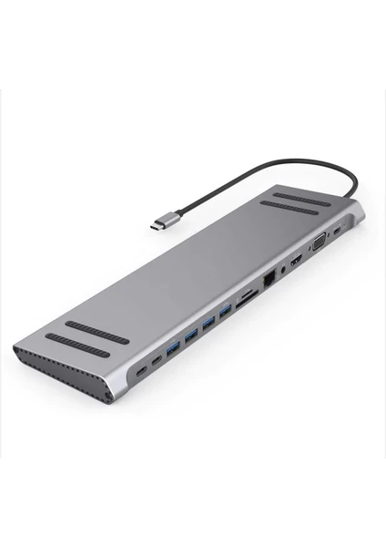 Type-C™ to (Audio Port 3xUSB 3.0 Gigabit Ethernet MicroSD+ SD DP 4K Ultra HD HDMI VGA TYPE-C) 14IN1 Macbook Uyumlu Adaptör