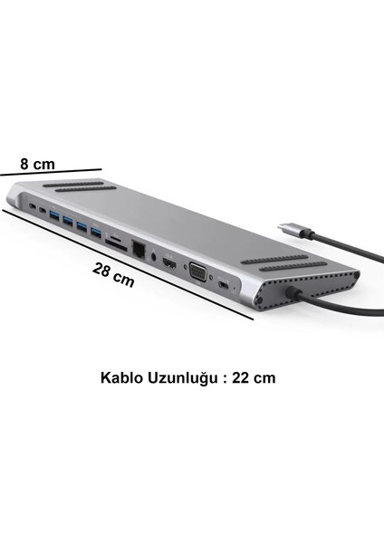 Type-C™ to (Audio Port 3xUSB 3.0 Gigabit Ethernet MicroSD+ SD DP 4K Ultra HD HDMI VGA TYPE-C) 14IN1 Macbook Uyumlu Adaptör