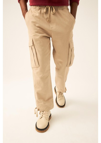 Unisex Bej Outdoor Wild Collection Oversize Paçası Daralabilen Ip Detaylı Kargo Pantolon indirimleri