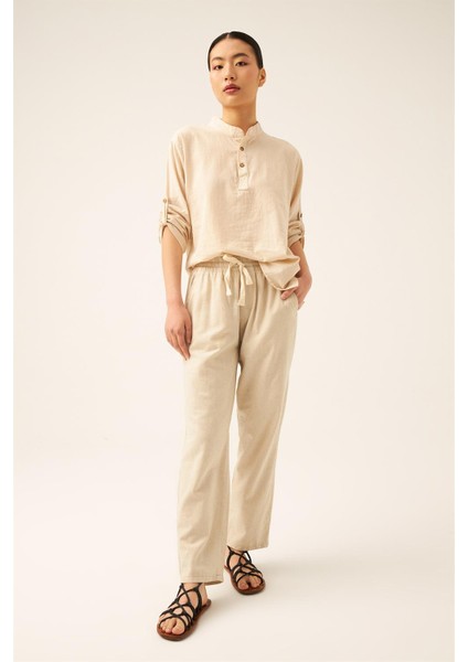 Unisex Bej Keten Pamuk Karışımlı Casual Pantolon fiyatları