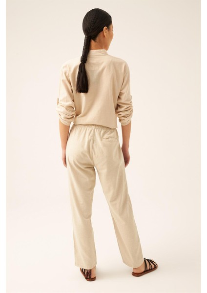 Unisex Bej Keten Pamuk Karışımlı Casual Pantolon fırsatları
