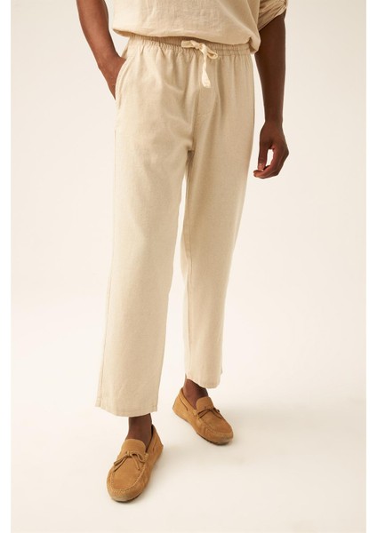 Unisex Bej Keten Pamuk Karışımlı Casual Pantolon indirimleri