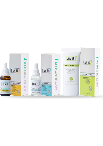 Luv it! Yoğun Nemlendirici Serum + C Vitamini Serumu + Centella Özlü Leke Kremi (3'lü Cilt Bakım Seti)