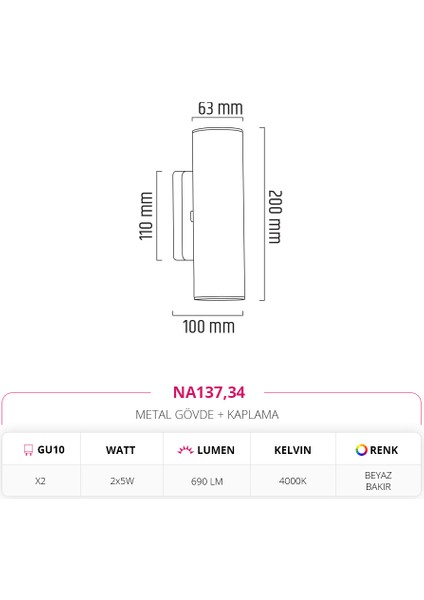 Çift Yönlü Iç Mekan Beyaz Bakır Aplik 2X5W 4000K Ilık Beyaz NA137