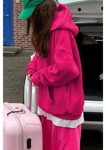 Unisex Fuşya Pembe Oversize İçi Puflu Kapüşonlu Bol Kalıp Sweatshirt Hoodie