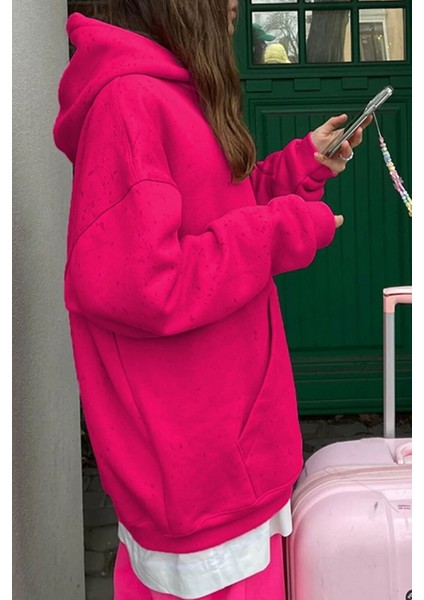 Unisex Fuşya Pembe Oversize İçi Puflu Kapüşonlu Bol Kalıp Sweatshirt Hoodie fiyatları