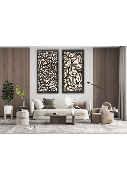LandiWork Ahşap Yaprak Desenli Tablo, Ahşap Duvar Dekorasyonu, Ahşap 2'li Duvar Tablosu